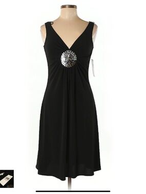 London Times Black Midi Dress with Silver Medallion Accent size 6 NWT